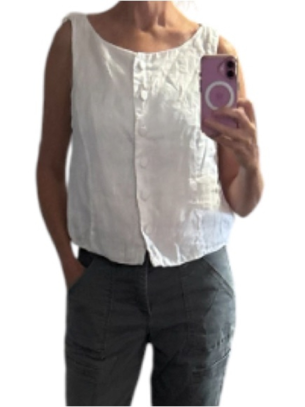 Joie White Sleeveless Button-Front Linen Tank
